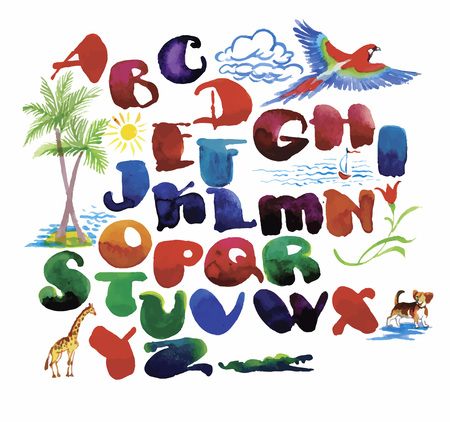 Watercolor hand drawn alphabet. Vector illustration. Brush painted lettersのイラスト素材