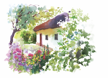 Watercolor rural village in green summer day illustration.のイラスト素材