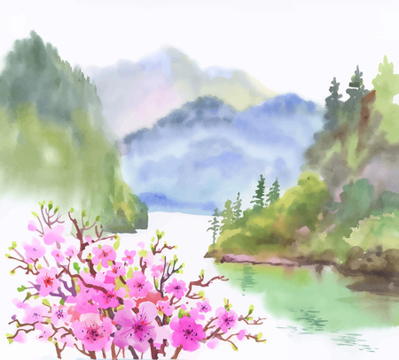Watercolor landscape of river with flowers.のイラスト素材