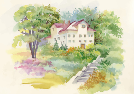 Watercolor painting of house in woods illustration.のイラスト素材