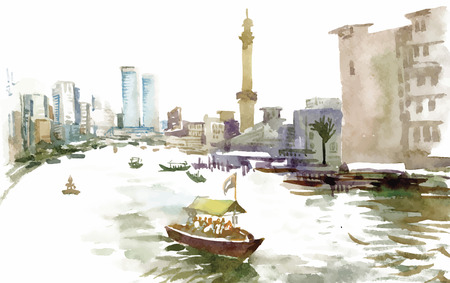 Watercolor city canal with boat illustration vector.のイラスト素材