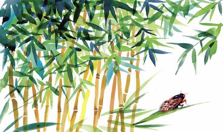 Watercolor bamboo with bugs and flies illustration vector.のイラスト素材