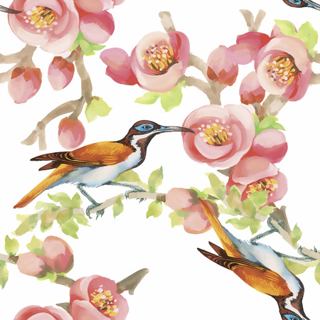 Watercolor Wild exotic birds on flowers seamless pattern on white background.のイラスト素材