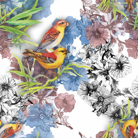 Watercolor Wild exotic birds on flowers seamless pattern on white background.のイラスト素材