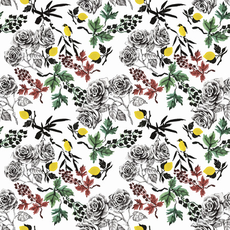Watercolor Wild exotic birds on flowers seamless pattern on white background.のイラスト素材