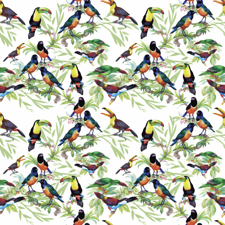 Watercolor Wild exotic birds on flowers seamless pattern on white background.のイラスト素材