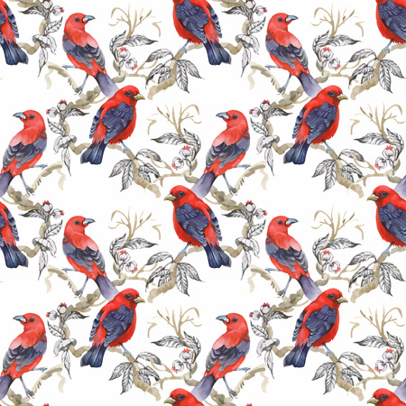 Watercolor Wild exotic birds on flowers seamless pattern on white background.のイラスト素材