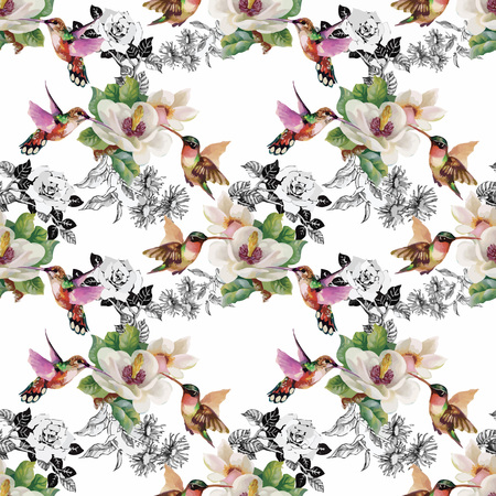 Tropical floral watercolor seamless pattern with colibris and flowers. Watercolor paintingのイラスト素材