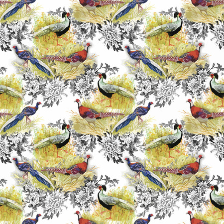 Wild Pheasant animals birds in watercolor floral seamless pattern.のイラスト素材