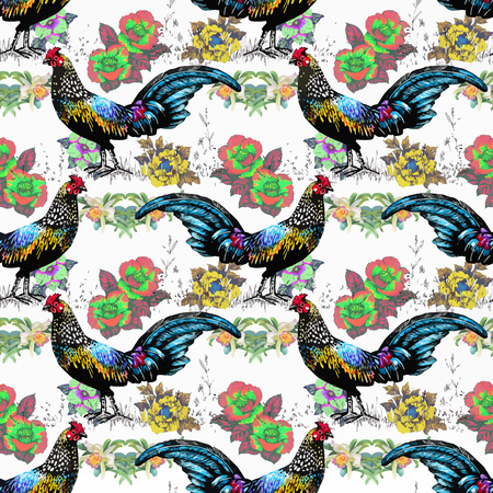 Seamless watercolor pattern with farm roosters silhouettes and flowers.のイラスト素材