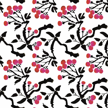 Watercolor garden rowan plant seamless pattern.のイラスト素材