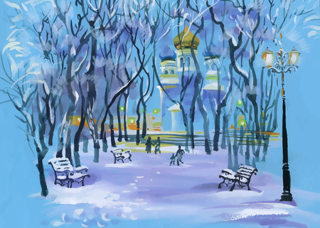 Watercolor winter landscape with church in park and people silhouettesのイラスト素材