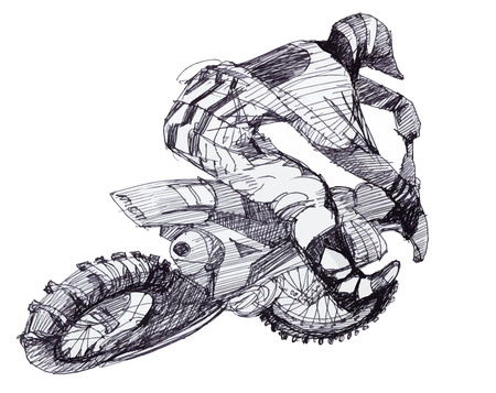 Black and white ink hand drawn motorcyclist driving on high speedのイラスト素材