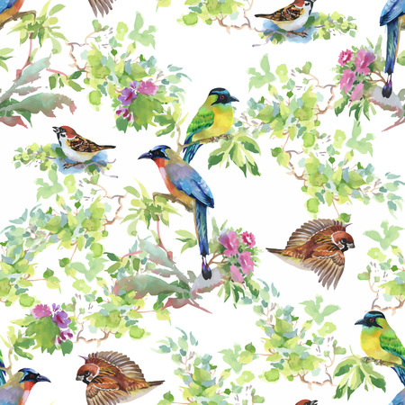 Watercolor hand drawn seamless pattern with summer flowers and exotic birdsのイラスト素材