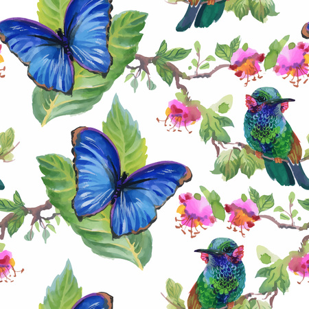 Watercolor hand drawn seamless pattern with summer flowers and exotic birdsのイラスト素材