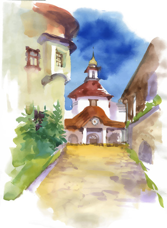 Beautiful church building in small town, watercolor painting.のイラスト素材