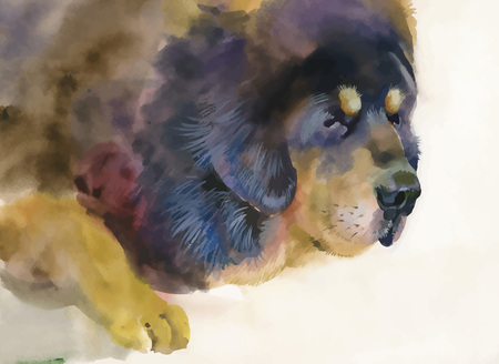 Big sad dog lying on beige background.のイラスト素材