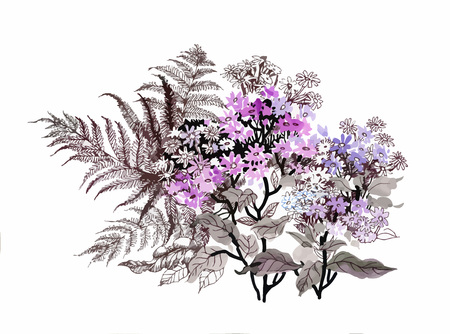 Hand drawn painting with colorful flowers and branches of fern on white background.のイラスト素材