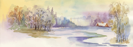 Watercolor winter landscape illustration.のイラスト素材