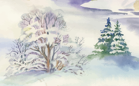 Watercolor winter landscape illustration.のイラスト素材