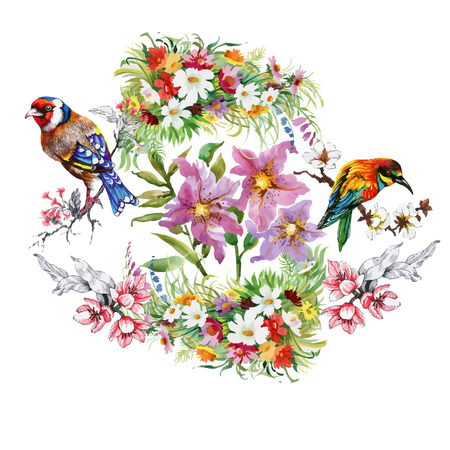 Watercolor hand drawn seamless pattern with beautiful flowers and colorful birds on white background.のイラスト素材