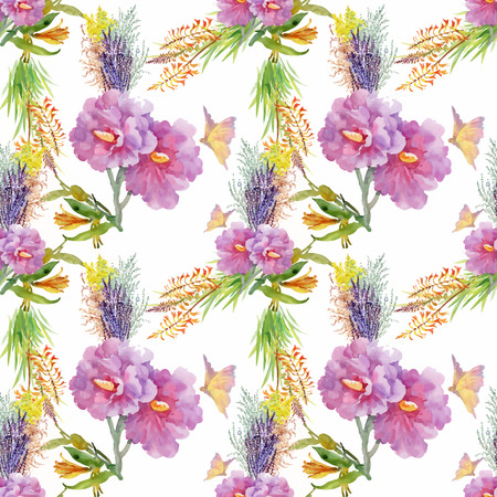 Watercolor seamless pattern with colorful flowers and leaves on white background, watercolor floral pattern, flowers in pastel color, tile for wallpaper, card or fabric.のイラスト素材