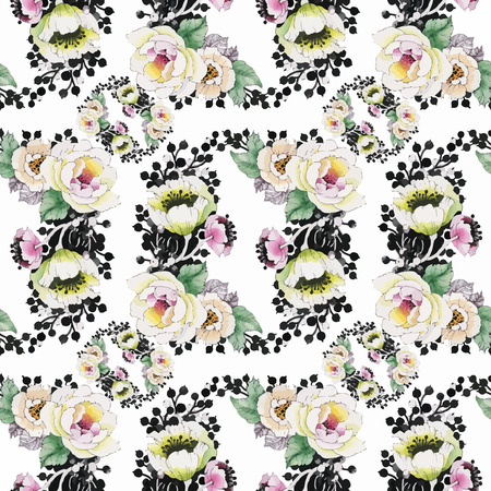 Watercolor seamless pattern with colorful flowers and leaves on white background, watercolor floral...