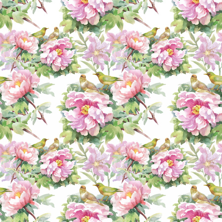 Watercolor seamless pattern with colorful flowers and leaves on white background, watercolor floral pattern, flowers in pastel color, tile for wallpaper, card or fabric. Vector illusrtation.のイラスト素材