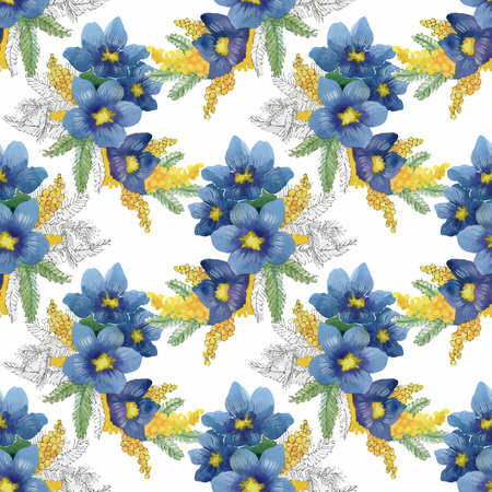 Watercolor seamless pattern with colorful flowers and leaves on white background, watercolor floral pattern, flowers in pastel color, tile for wallpaper, card or fabric.の写真素材