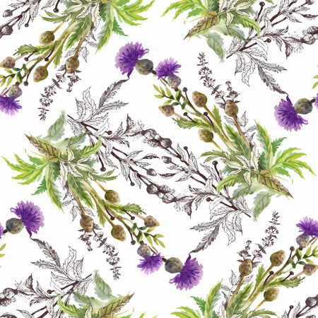 Watercolor seamless pattern with colorful flowers and leaves on white background, watercolor floral pattern, flowers in pastel color, tile for wallpaper, card or fabric.のイラスト素材