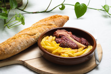 Plate of roast meat and chips and a loaf of bread on a wooden board with a white tablecloth