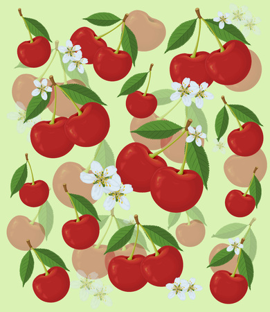 Red cherry. Cherry pattern. Yellow background with cherries and flowers, watercolor vector illustration.のイラスト素材