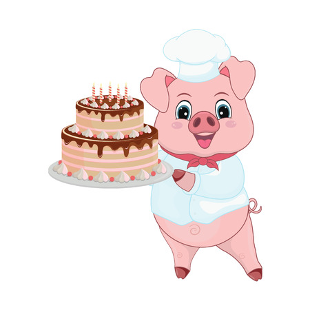 Piggy chef in a cap holding a large chocolate cake. Funny funny and cute piggy in cartoon style isolated on white background-vector.のイラスト素材