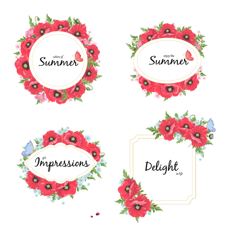 Red poppy flowers vector painting on white background. Watercolor style drawing for floral and wedding decoration, seasonal sales, design, invitations, banners, posters, postcards.のイラスト素材