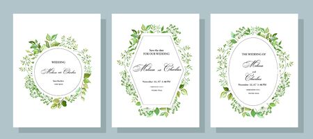 Vector set of cards for wedding invitations. Green plants: leaves green branches field grass. Template for greeting card, decorative pattern frame. All elements are isolated. Vector illustration.のイラスト素材