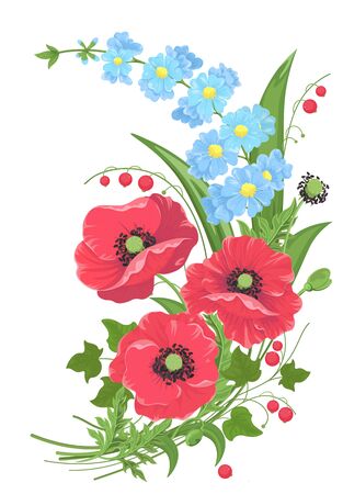 Bouquet of flowers, poppies and forget-me-nots, stems leaves and red berries isolated on white. Style of watercolor painting. Collection of wildflowers for invitation greeting card design, etc. Vectorのイラスト素材