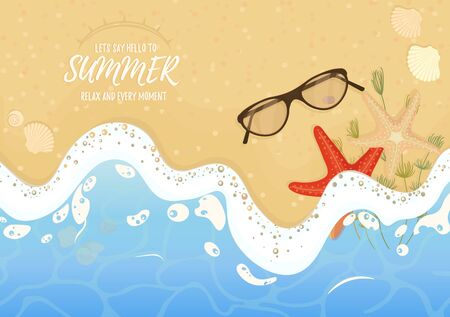 The beach of the seashore with starfish shells, seaweed and sunglasses on the beach.のイラスト素材
