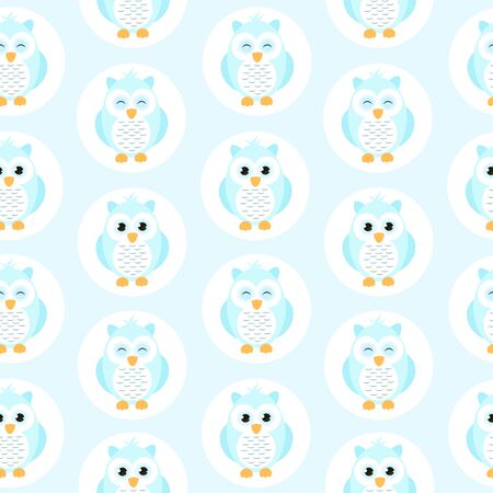 Seamless pattern with owls in a circle on a blue background. Cartoon with owl illustration background for baby or children. Vector illustrationのイラスト素材