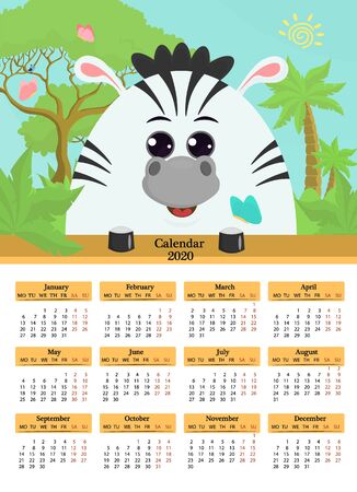Calendar 2020. Cute Zebra character on jungle background with palm trees and butterflies. The week starts on Monday.12 months on the page. Vector illustration.のイラスト素材
