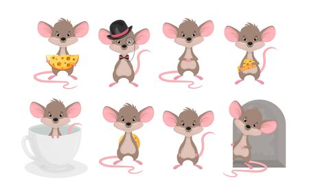 Set a cute mouse in different situations. Animals cartoon character rat vector illustration on white background.Vector EPS 10のイラスト素材