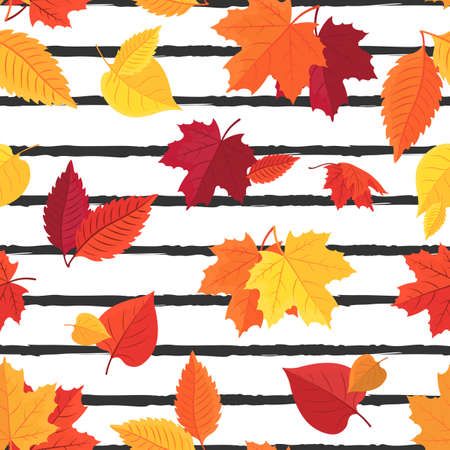 Vector seamless pattern of colorful autumn leaves on striped background simple minimalist style sale banner template design, Wallpaper, graphics, printing, Hobbies, invitations.のイラスト素材