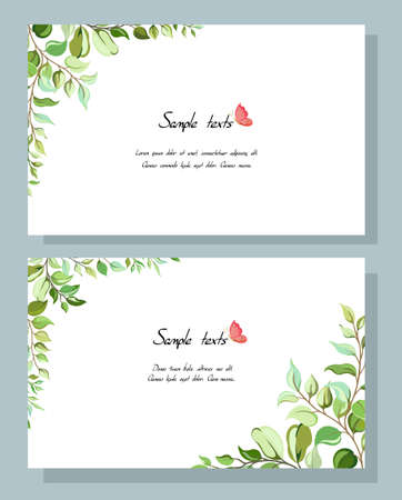 Botanical postcard with wild leaves. Floral wedding invitation with green tropical leaves greenery eucalyptus branches. A modern set of decorative pattern frames for greeting card templates.のイラスト素材