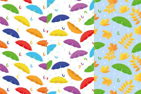 Set of colorful seamless patterns. Various umbrellas with raindrops in flat cartoon style. A sign of rainy weather. All items are available for editing. Vector illustration.のイラスト素材