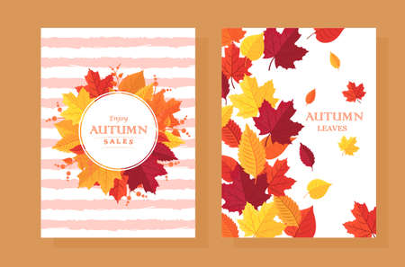 Vector autumn banner. Postcard with maple leaves on a striped background. Autumn round frame. A wreath of leaves. Pattern, greeting card, label, poster.のイラスト素材
