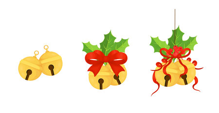 Golden Christmas bell with holly berries and a bow isolated on a white background. Christmas decoration. The bells icon. Vector illustration.のイラスト素材