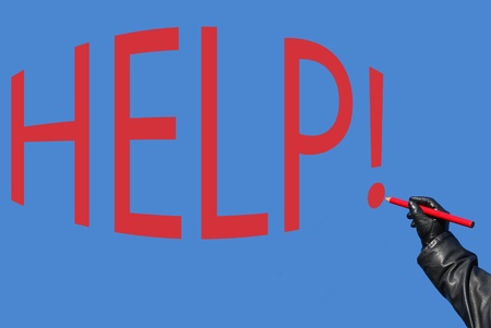 Word by drawing a red pencil in hand, blue background, isolatedの写真素材