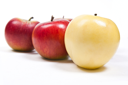Single yellow apple in front of group of red apple. Group of juicy ripe fruits.  Isolated on white background.の写真素材