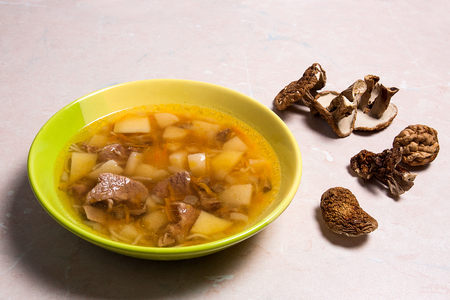 Mushroom soup in green plate on a light stone background. Several dried porcini or white wild mushrooms on brown cloth.
の写真素材