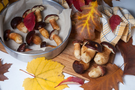 Autumn composition of several Imleria Badia or Boletus badius mushrooms commonly known as the bay bolete, vintage baking sheet with mushrooms ready for drying on wooden cutting board with vivid autumn leaves. Edible and pored fungus has velvety dark brown or chestnut color cap.の写真素材