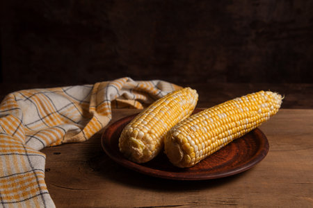 Clay plate with two ears of ripe sweet corn and yellow towel on vintage wooden background. Cobs with white and yellow grains. Fresh ear of corn with green leaves.の写真素材